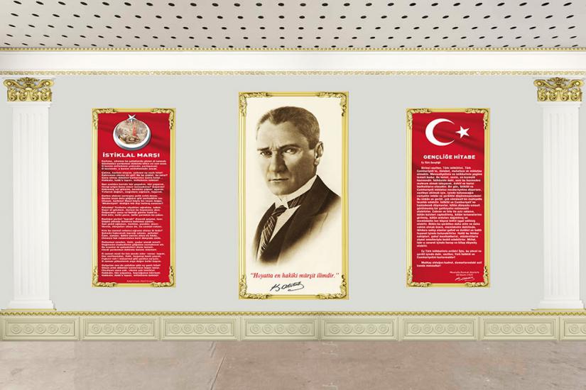 Atatürk köşesi, ışıklı atatürk köşesi, ilkokul atatürk köşesi, anaokul atatürk köşesi, okul atatürk köşesi, metal atatürk köşesi, atatürk köşesi duvar giydirme, pleksi atatürk köşesi, 3d atatürk köşes